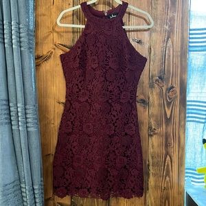Lulu’s Love Poem Burgundy Lace Halter Mini Dress
